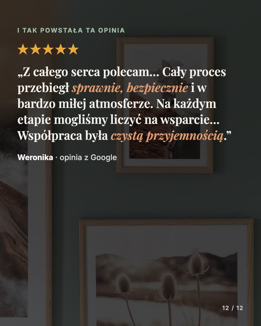 Sprzedaż mieszkania w Skórzewie - Opinia klientki Weroniki z Google, 5/5: „Z całego serca polecam… Cały proces przebiegł sprawnie, bezpiecznie i w bardzo miłej atmosferze. Na każdym etapie mogliśmy liczyć na wsparcie… Współpraca była czystą przyjemnością.”